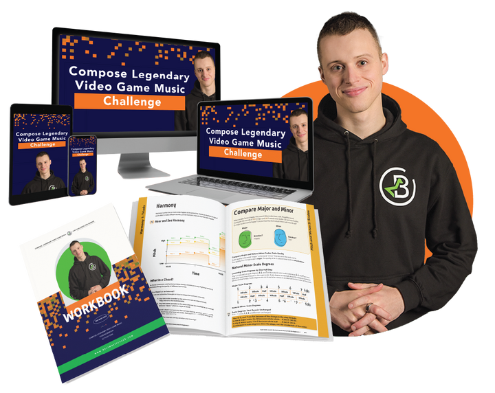 Compose Legendary Video Game Music course shown on a laptop, tablet and phone, with the challenge workbook