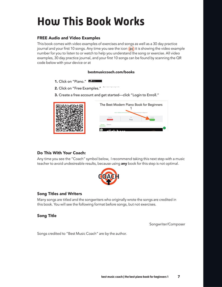 Inside The Best Piano Book for Beginners 1: How This Book Works, with the QR code for the free audio and video examples