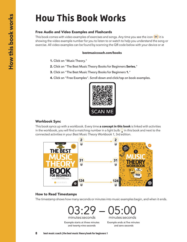 Inside The Best Music Theory Book for Beginners 1: How This Book Works, with the QR code for the free audio and video examples and the workbook sync