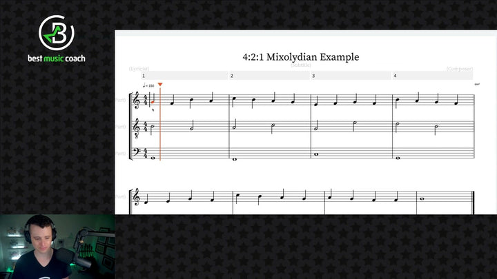 Counterpoint Conquest lesson: a 4:2:1 counterpoint example written in notation software