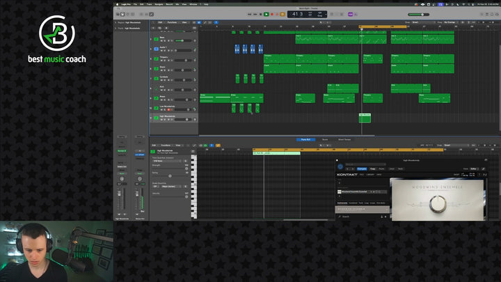 Gamer Grooves boss fight creation: the full Logic Pro arrangement with a woodwind ensemble in Kontakt