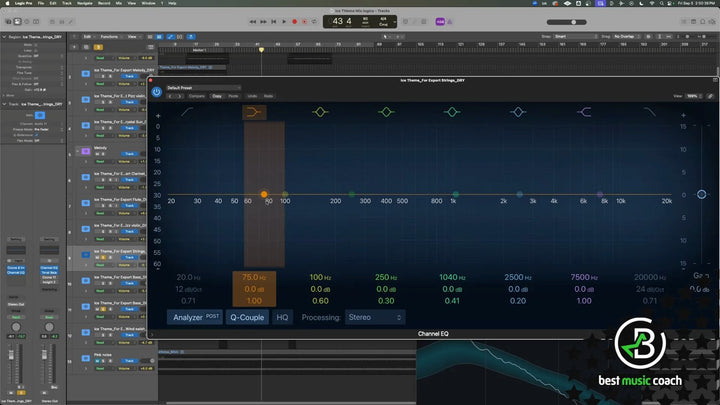 Mixing Checklist lesson: cutting low end with Logic Pro Channel EQ while the analyzer shows the strings