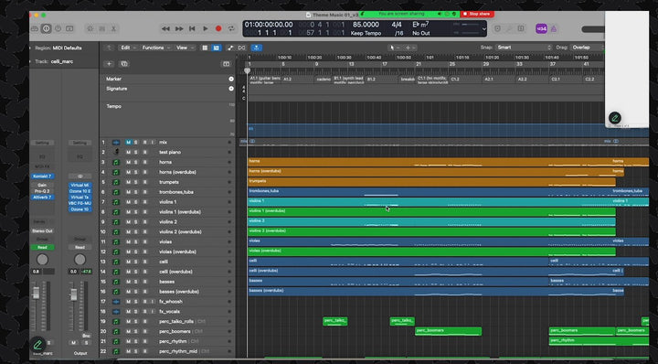 Scoring AAA Action Games: the full arrangement, every section color coded