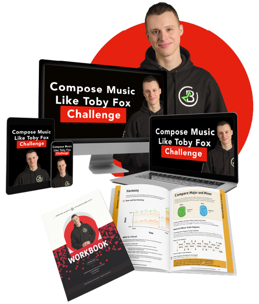 The Compose Music Like Toby Fox Challenge shown on laptop, tablet and phone with Dan Spencer