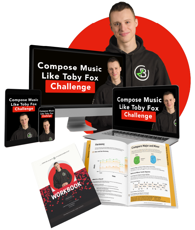 The Compose Music Like Toby Fox Challenge shown on laptop, tablet and phone with Dan Spencer